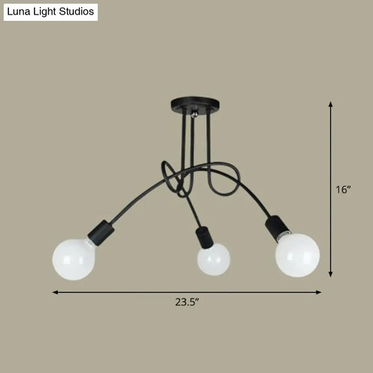 Industrial Metal Knot Chandelier: Black Suspension Lamp With Bare Bulb Design 3 /