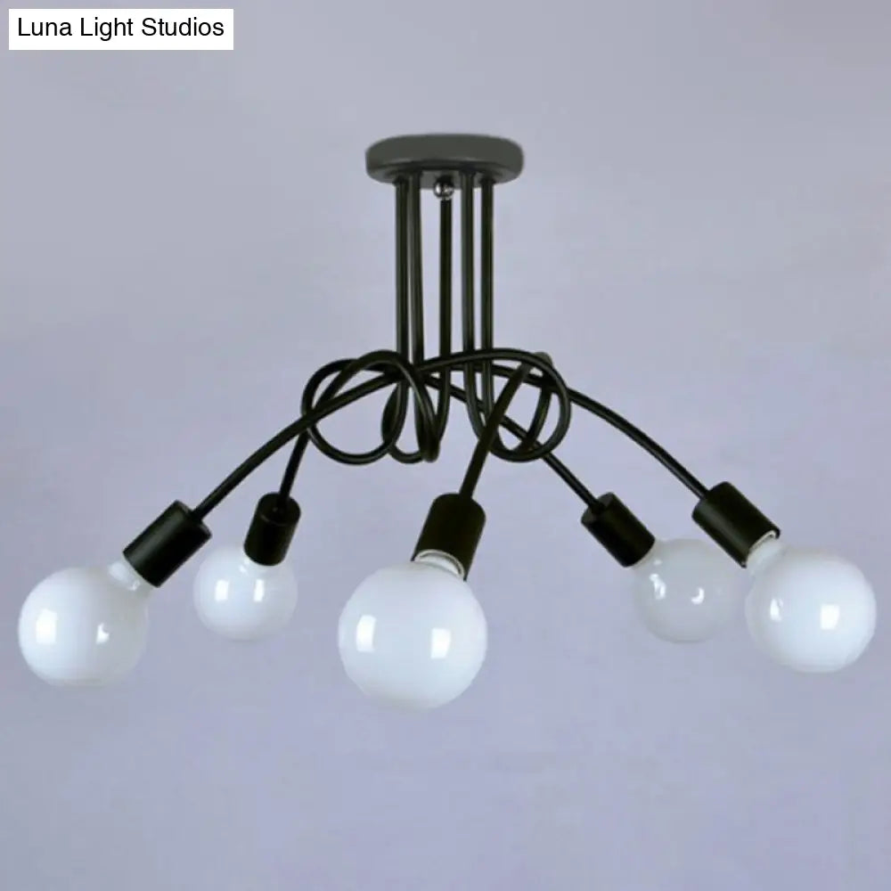 Black Metal Knot Chandelier With Bare Bulb Design - Industrial Living Room Lamp