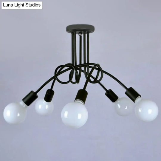 Black Metal Knot Chandelier With Bare Bulb Design - Industrial Living Room Lamp