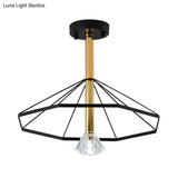 Black Metal Led Cage Flared Pendant Light With Crystal Shade - Loft Style Semi Flush