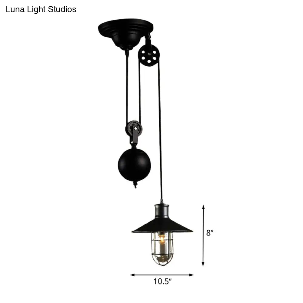 Nautical Style Pulley Pendant Light With Cage Shade - Black Metal Hanging Lamp
