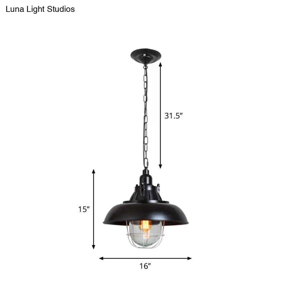 Black Domed Metal Pendant Light With Clear Glass Shade - Factory-Made For Living Rooms