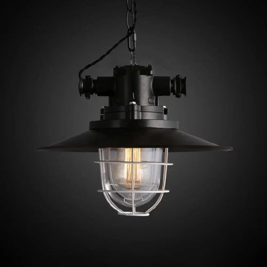 Black Metal Pendant Light With Wire Cage And Glass Shade – 1-Light Hanging Lamp Kit