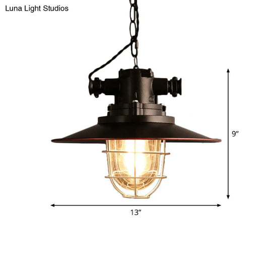 Black Metal Saucer Pendant Light Kit With White Wire Cage And Glass Shade