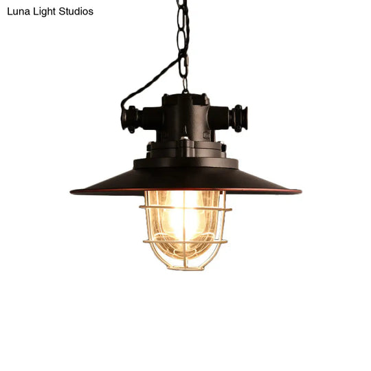 Black Metal Saucer Pendant Light Kit With White Wire Cage And Glass Shade