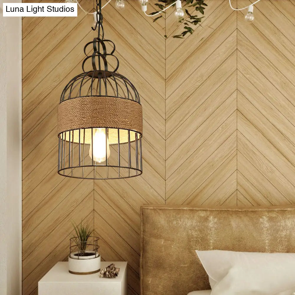 Black Metal & Rope Bird Cage Pendant Lamp For Restaurants