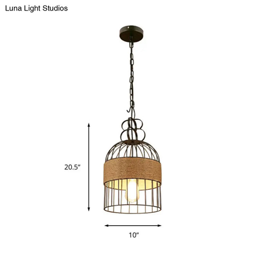 Black Metal & Rope Bird Cage Pendant Lamp For Restaurants