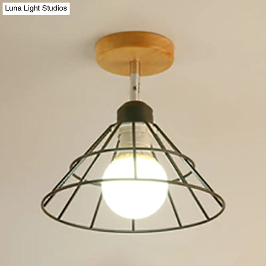 Black Metal Semi Flush Mount Ceiling Light - Chic Industrial Cone/Sputnik Design With Open Cage /