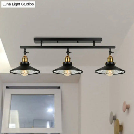 Black Metal Vintage Island Ceiling Light Fixture With Cone Shades - 3 Heads Stylish For Living Room