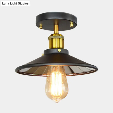 Black Metal Wide Flare Semi Flush Industrial Ceiling Lamp - 1 - Light For Study Room