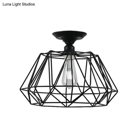 Black Metallic Cage Diamond Ceiling Light Fixture For Corridor - Loft Industrial Style Close To