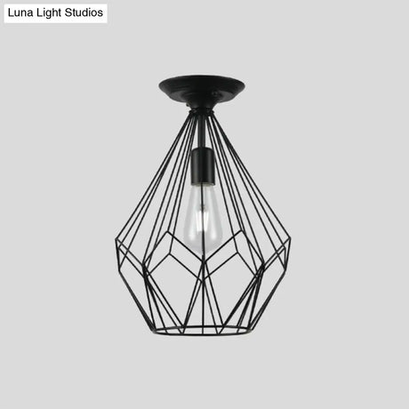 Black Metallic Cage Diamond Ceiling Light Fixture For Corridor - Loft Industrial Style Close To