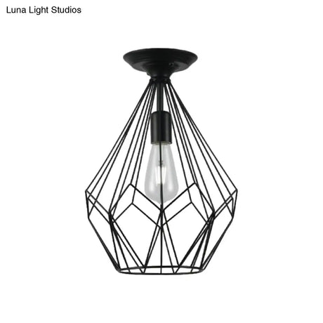 Black Metallic Cage Diamond Ceiling Light Fixture For Corridor - Loft Industrial Style Close To