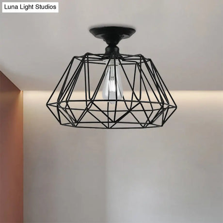 Black Metallic Cage Diamond Ceiling Light Fixture For Corridor - Loft Industrial Style Close To