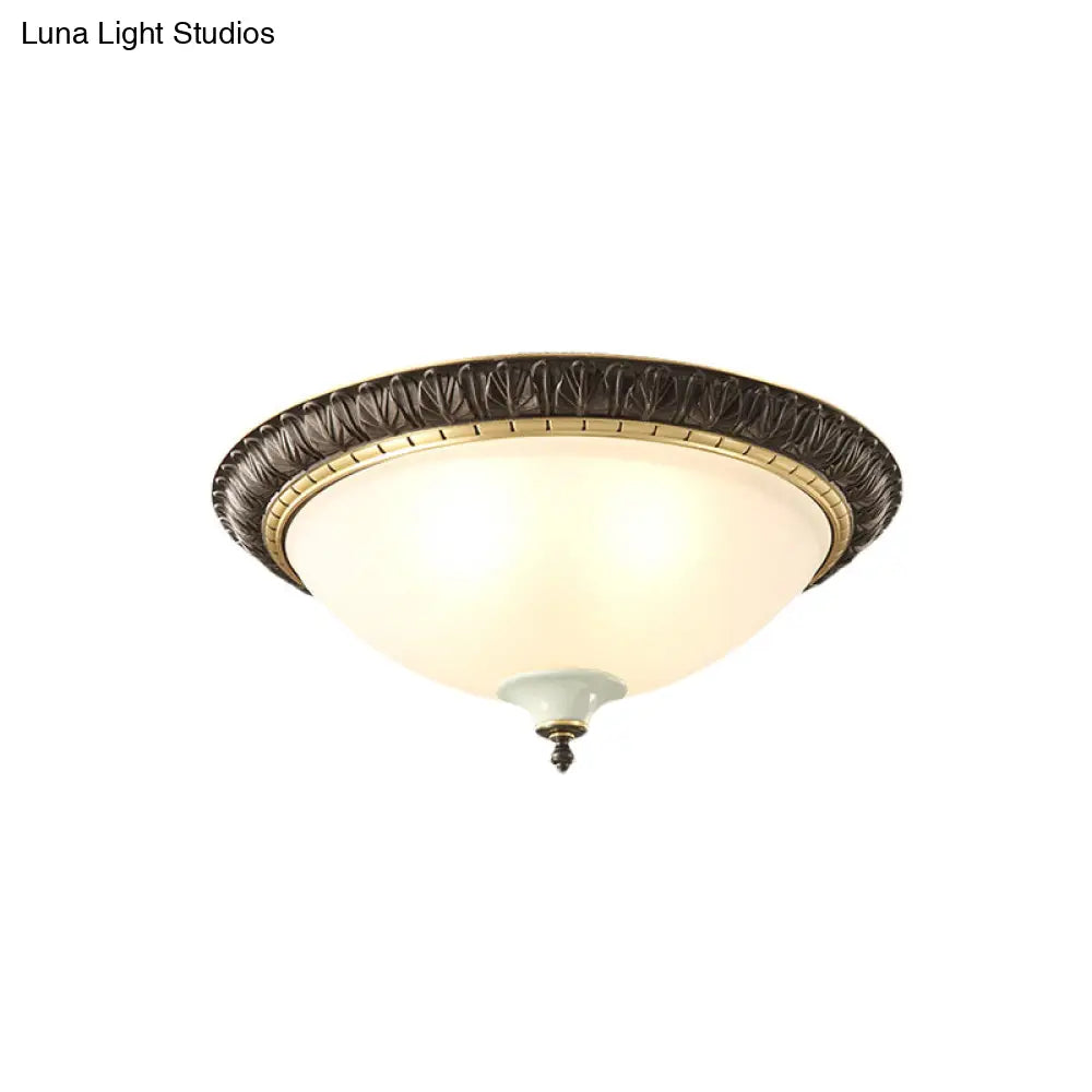 Black Milk Glass Ceiling Lamp With Leaf/Flower Trim - Traditional 3-Head Flush Mount