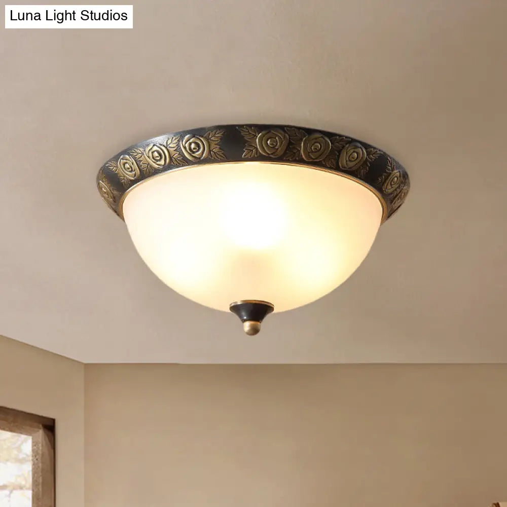Black Milk Glass Ceiling Lamp With Leaf/Flower Trim - Traditional 3-Head Flush Mount