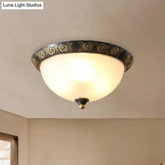 Black Milk Glass Ceiling Lamp With Leaf/Flower Trim - Traditional 3-Head Flush Mount