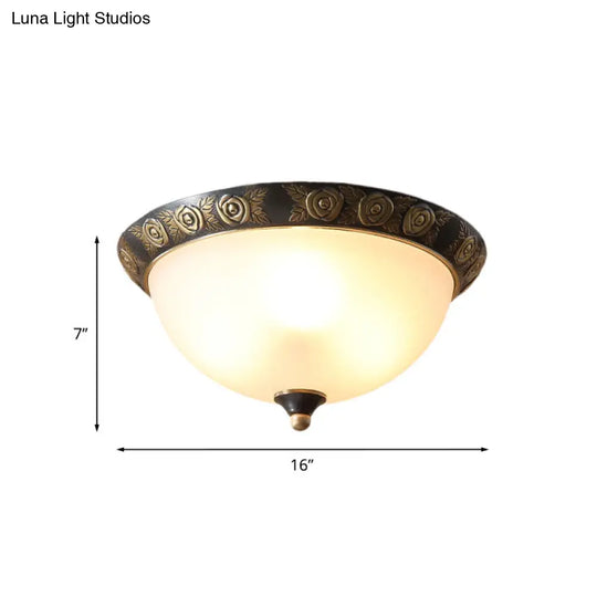 Black Milk Glass Ceiling Lamp With Leaf/Flower Trim - Traditional 3-Head Flush Mount