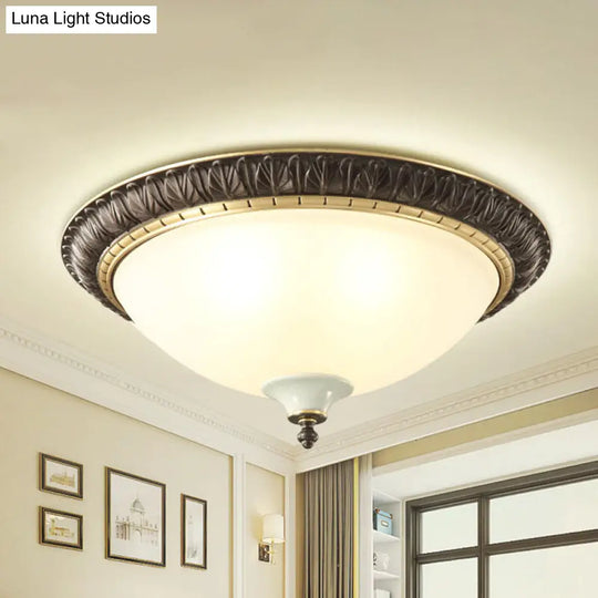 Black Milk Glass Ceiling Lamp With Leaf/Flower Trim - Traditional 3-Head Flush Mount / Leaf