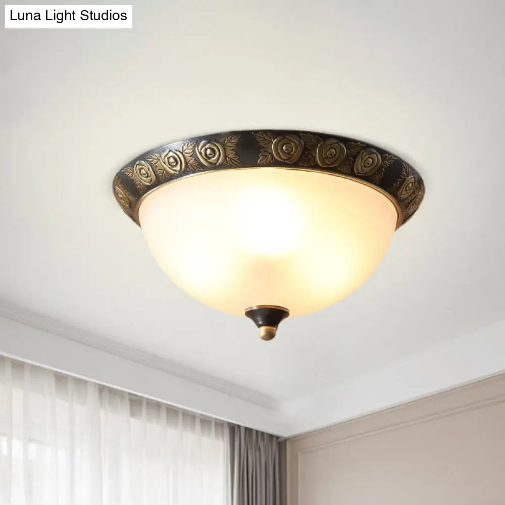Black Milk Glass Ceiling Lamp With Leaf/Flower Trim - Traditional 3-Head Flush Mount / Flower