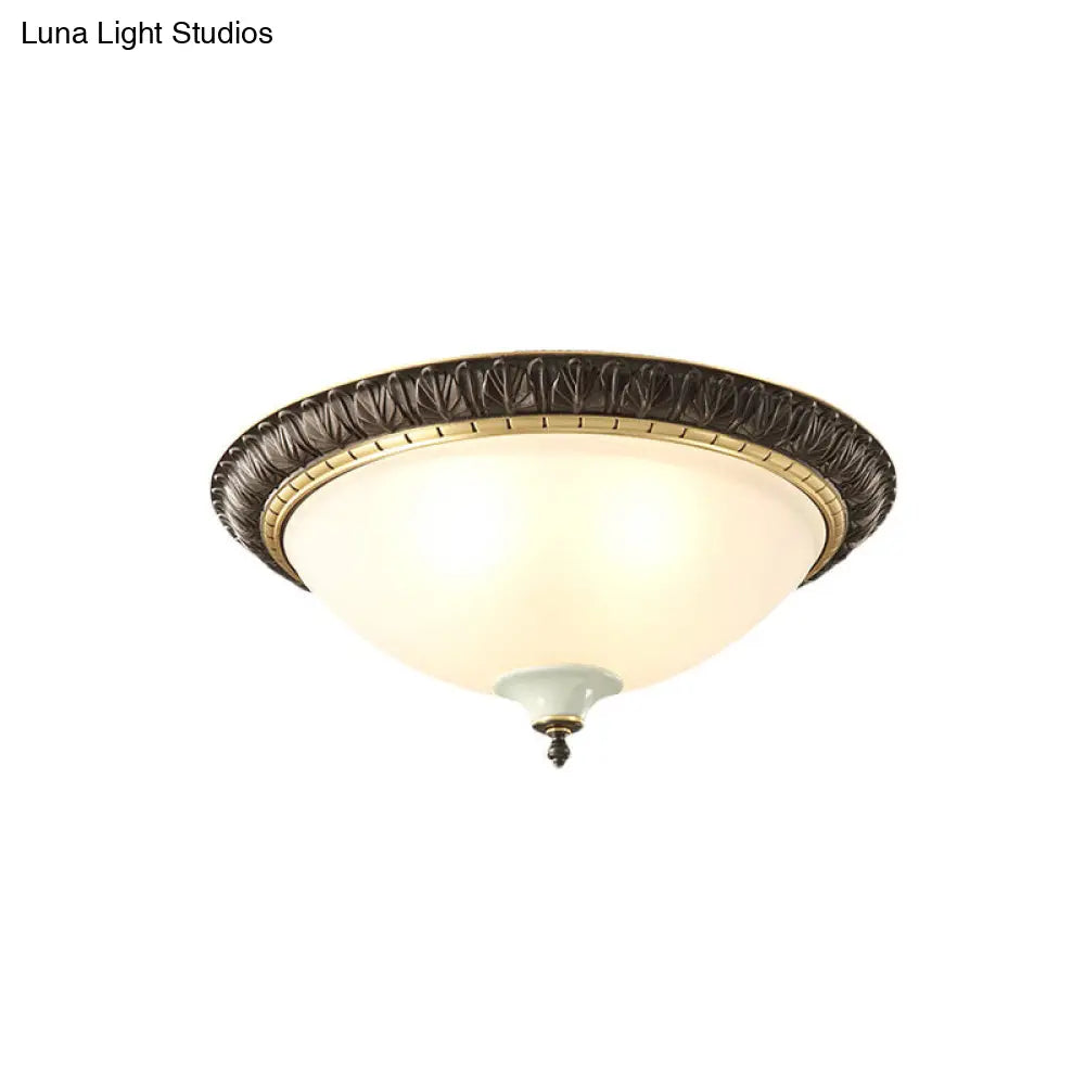 Black Milk Glass Ceiling Lamp With Leaf/Flower Trim - Traditional 3-Head Flush Mount