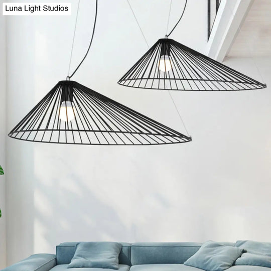 Black Modern Metallic Pendant Ceiling Light - Tapered Wire Frame Hanging Lamp For Dining Table