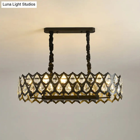 Black Oval Crystal Teardrops Suspension Light - Contemporary Island Pendant With 10/14 Bulbs
