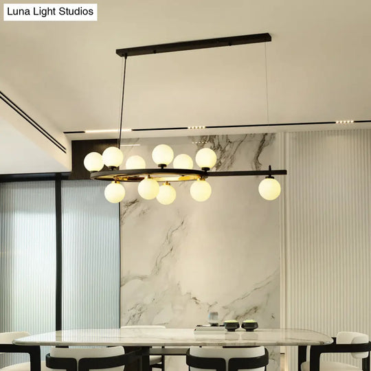 Black Oval Hanging Light Fixture - Nordic Style With 11 Metal Heads And Opal Glass Shade