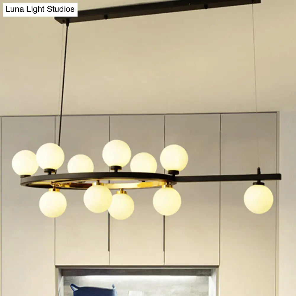 Black Oval Hanging Light Fixture - Nordic Style With 11 Metal Heads And Opal Glass Shade