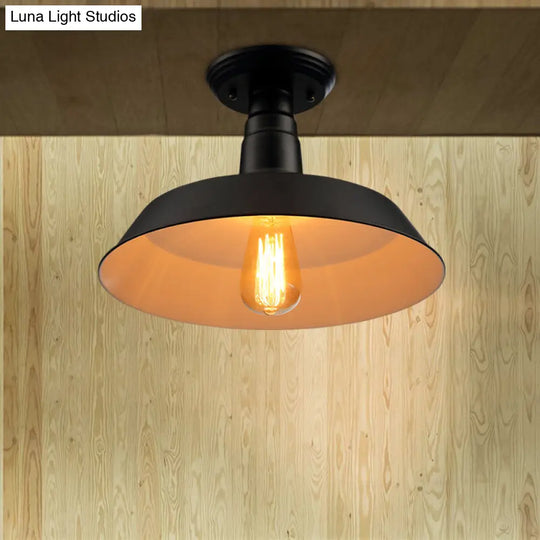 Black/Red Industrial Style Semi Flush Ceiling Light Fixture For Corridor - Metallic Barn Shade 10/14