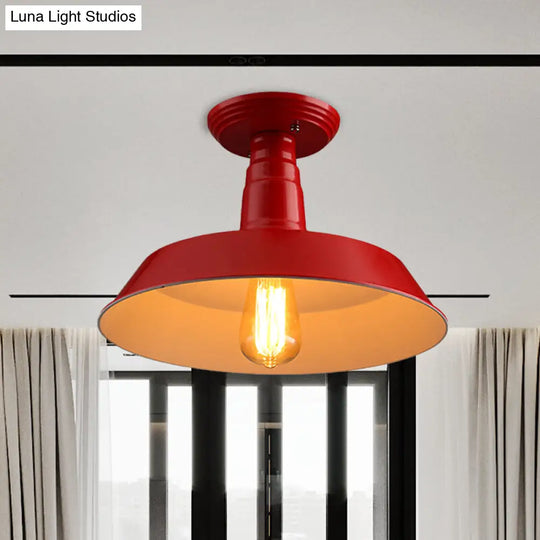 Black/Red Industrial Style Semi Flush Ceiling Light Fixture For Corridor - Metallic Barn Shade 10/14