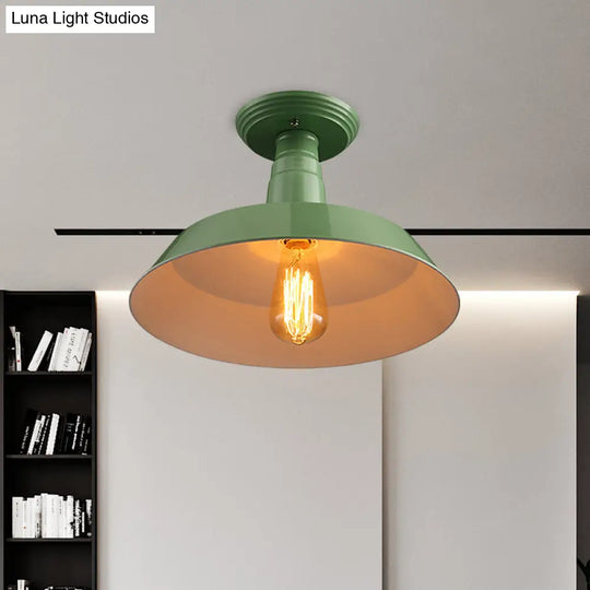 Black/Red Industrial Style Semi Flush Ceiling Light Fixture For Corridor - Metallic Barn Shade
