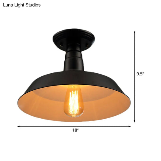 Black/Red Industrial Style Semi Flush Ceiling Light Fixture For Corridor - Metallic Barn Shade 10/14