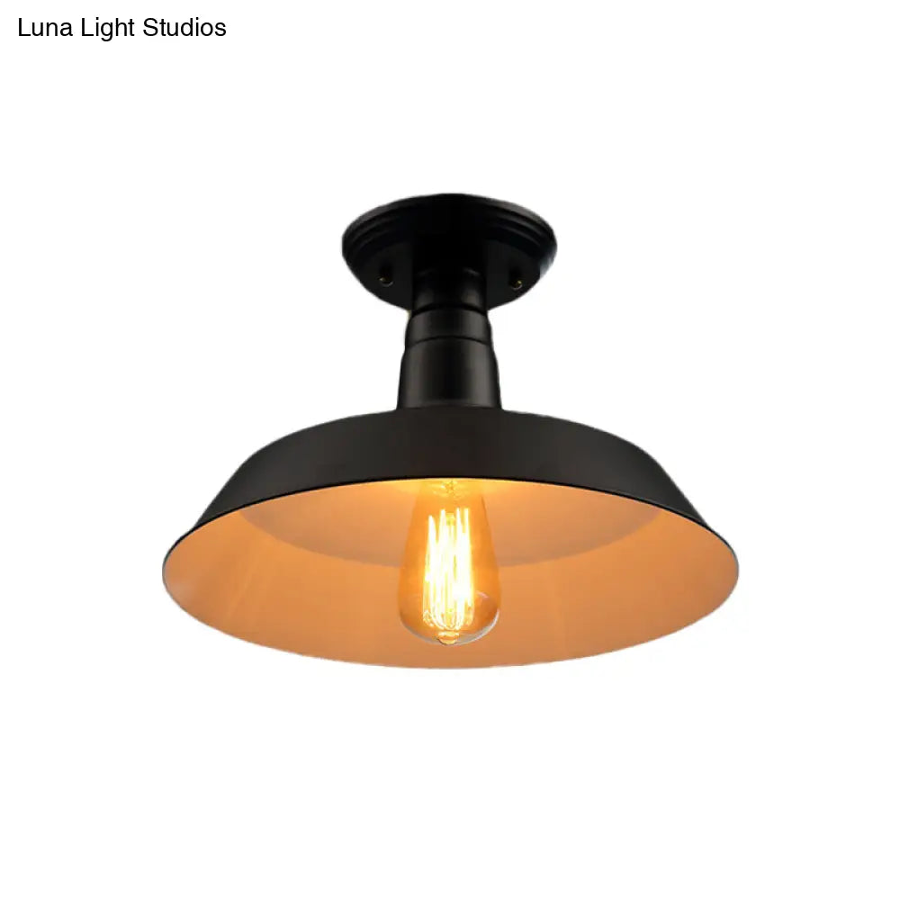 Black/Red Industrial Style Semi Flush Ceiling Light Fixture For Corridor - Metallic Barn Shade