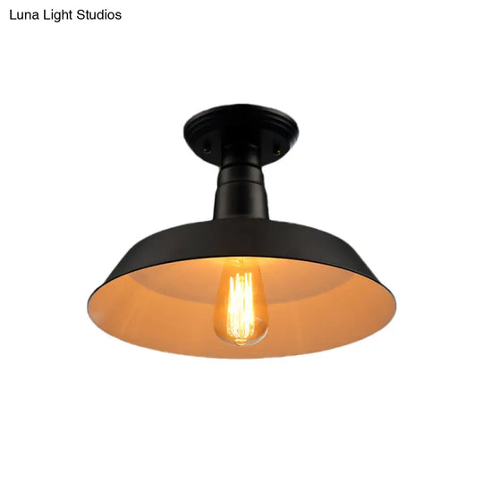 Black/Red Industrial Style Semi Flush Ceiling Light Fixture For Corridor - Metallic Barn Shade