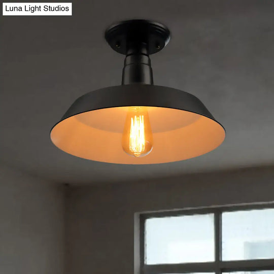 Black/Red Industrial Style Semi Flush Ceiling Light Fixture For Corridor - Metallic Barn Shade 10/14