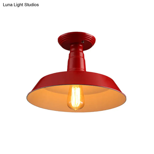 Black/Red Industrial Style Semi Flush Ceiling Light Fixture For Corridor - Metallic Barn Shade