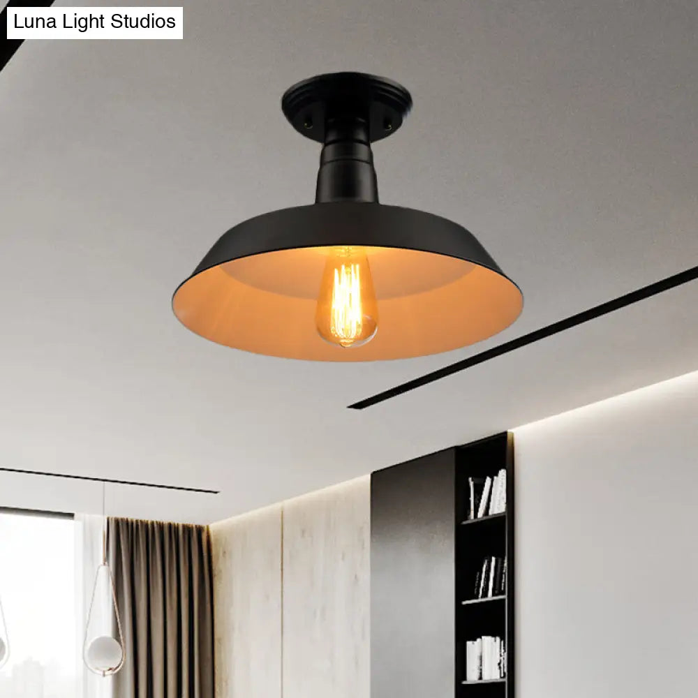 Black/Red Industrial Style Semi Flush Ceiling Light Fixture For Corridor - Metallic Barn Shade