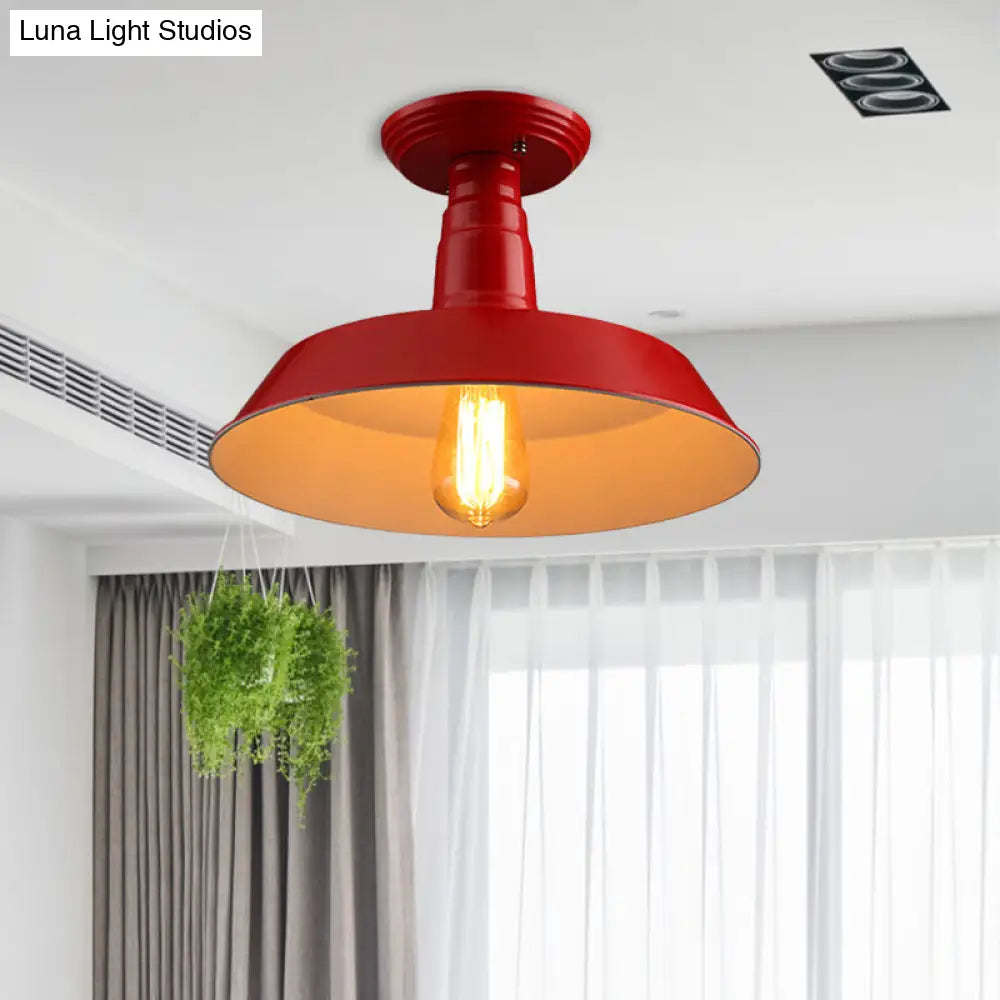 Black/Red Industrial Style Semi Flush Ceiling Light Fixture For Corridor - Metallic Barn Shade 10/14