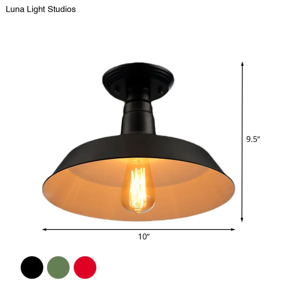 Black/Red Industrial Style Semi Flush Ceiling Light Fixture For Corridor - Metallic Barn Shade