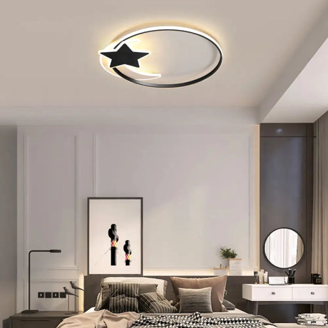 Black Ring Led Ceiling Flush Light With Moon And Star Decor - Simplicity Metal Mount Lamp / 16’