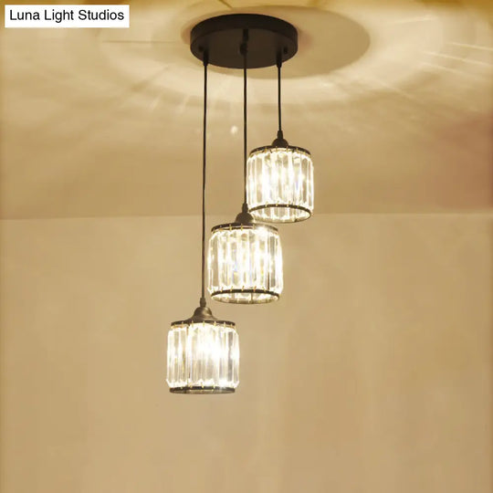 Black Rustic Drum Shade Crystal Pendant - Multi Light Down Lighting For Dining Room