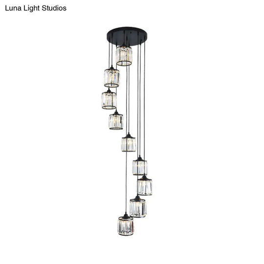 Black Rustic Drum Shade Crystal Pendant - Multi Light Down Lighting For Dining Room