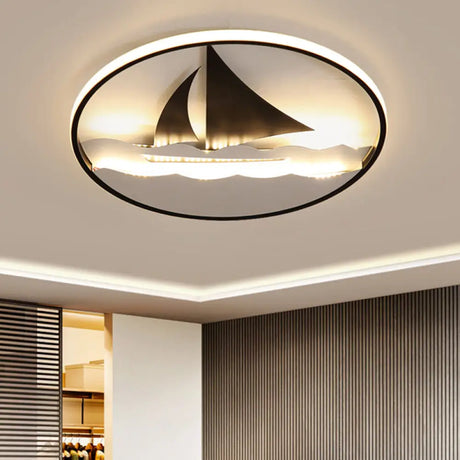 Black Sailboat Flushmount Lamp For Kids’ Rooms - Ocean - Themed Led Fixture
