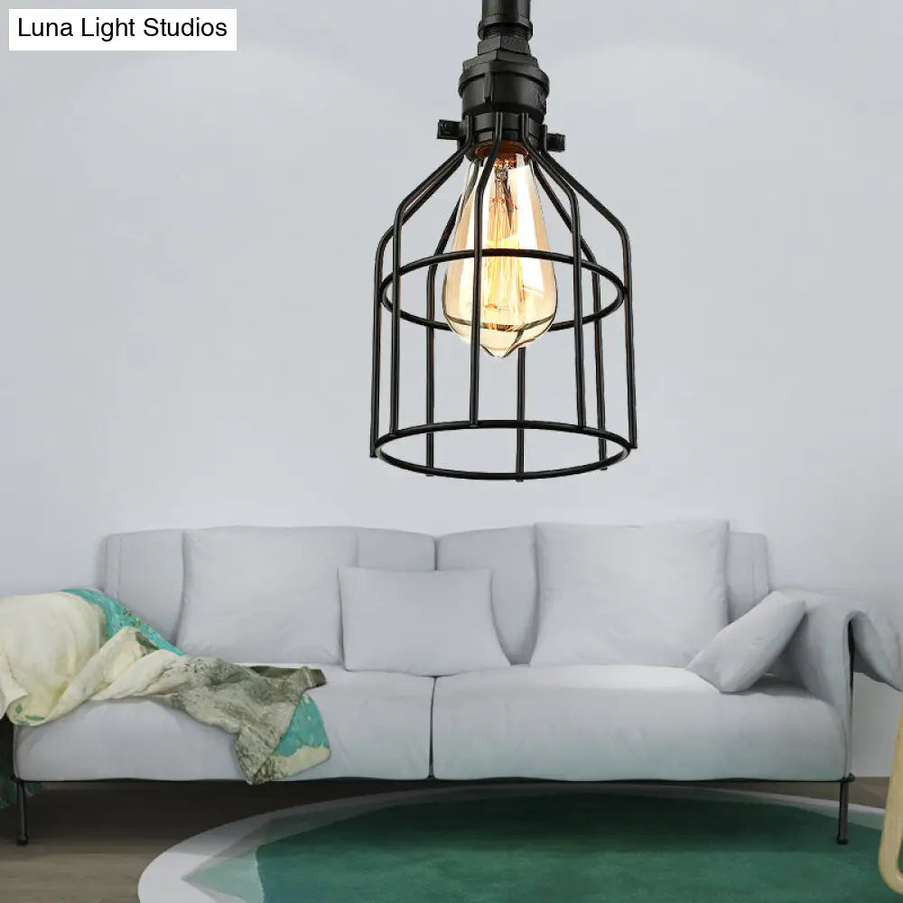 Black Semi-Flush Mount Ceiling Lamp With Cage Shade - Stylish Metallic Lighting For Living Room