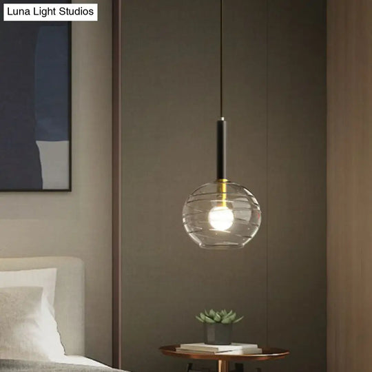 Black Textured Glass Dining Room Pendant With Modern Spherical Hanging Design