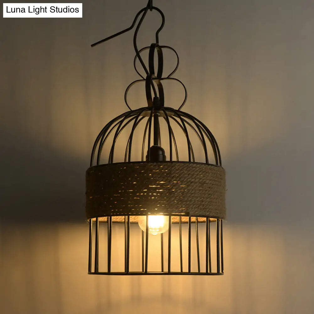 Black Vintage Birdcage Pendant Lamp With Hemp Rope