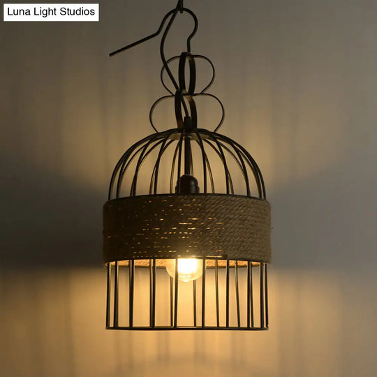 Black Vintage Birdcage Pendant Lamp With Hemp Rope