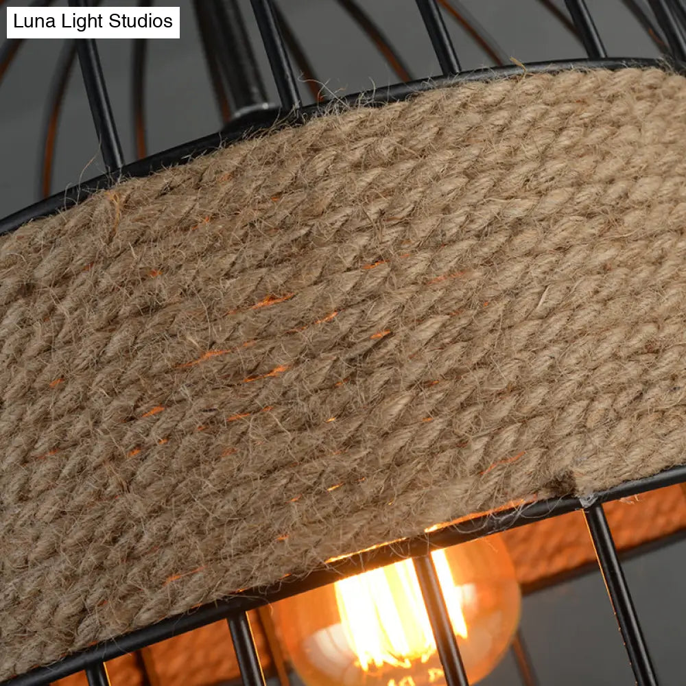 Black Vintage Birdcage Pendant Lamp With Hemp Rope