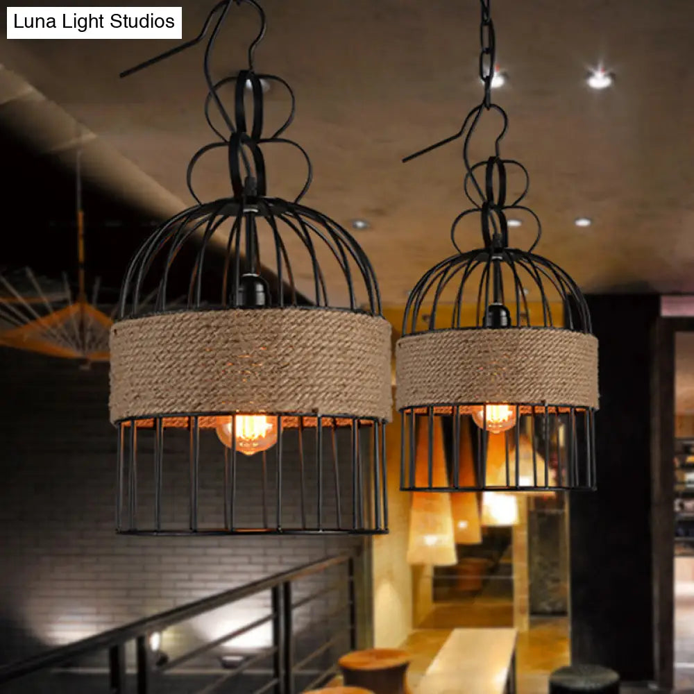 Black Iron Vintage Birdcage Pendant Lamp With Single-Bulb And Hemp Rope